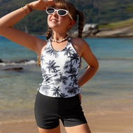 Tween Girl Palm Tree Print Casual Tankini Swimwear Set, Random Print Girls Rash Guard Swimsuits 2 Pi