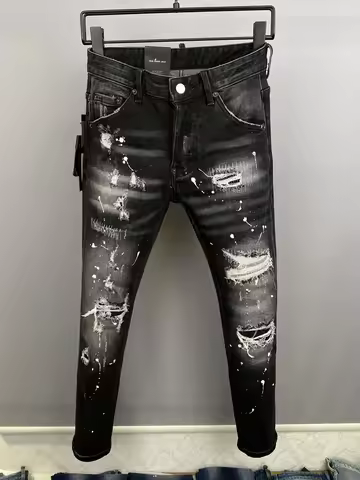 ICON BRAND D2 Men Jeans Denim Pants Hole Slim Pencil Trousers Metal Buttons Party Classics Fashionab