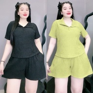 Set of women's big size polo neck short-sleeved crop top Shorts high-waisted foam elastic SET816