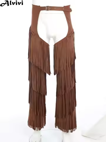 Adult Western Cowboy Cowgirl Costume Adjustable Buckle Open Crotch Fringe Retro Chaps Pants for Hall