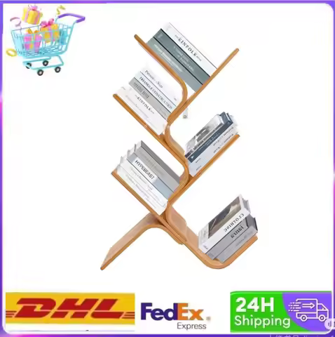 5-Tier Bamboo Desktop Bookshelf, Burlywood Color, Open Frame Tree Shape 24.8*7.9*35.9inch for Apartm