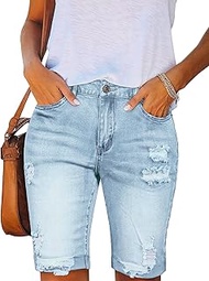 Denim Bermuda Shorts for Women Stretch Distressed Cuffed Hem Jean Shorts