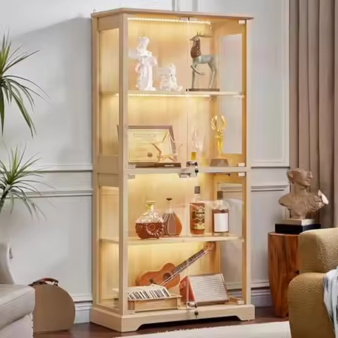 Farmhouse Glass Display Cabinet with Lock, Wood