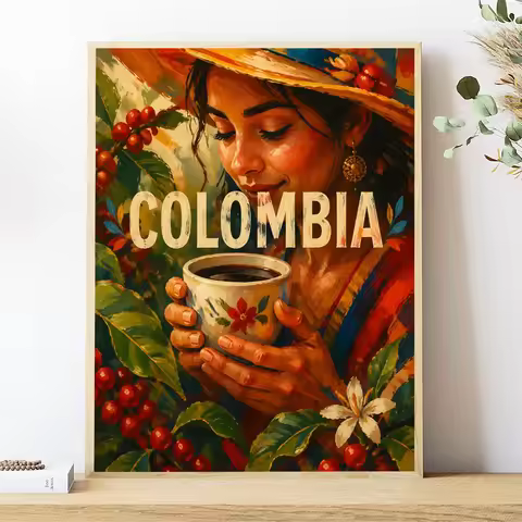 Colombia Coffee Art Print Woman With Coffee Poster Kitchen Wall Art Guatemala Ethiopian Coffee Art T