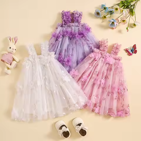 Pudcoco Toddler Floral Embroidery Dress Baby Girl Sleeveless Off Shoulder Dress Square Neck Tulle Dr