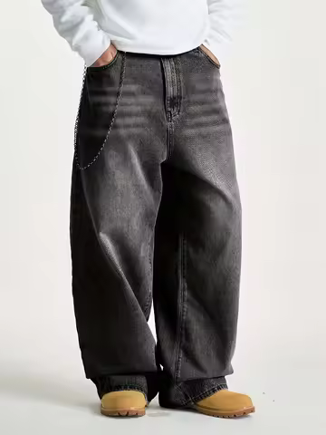 1pc Men's wide pants Brushed jeans Wide jeans Y2K New Rocks jeans buggy black hip-hop pants