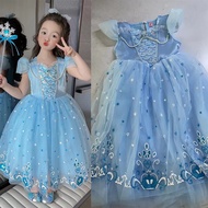 Elsa Frozen Blue Mesh Sequin Dress For Kids Girl Bow Lace Cartoon Princess Dreeses Halloween Christmas Birthday Gift Party Wear