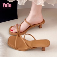 YOTO Women's Heel Sandals Multi-Strap Square Toe Sandals Chunky Kitten Heel Slide Sandals For Women