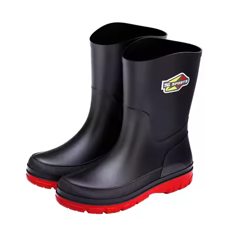 Men's Mid-Calf Rain Boots Pure Black Waterproof Slip-On Shoes Anti-Slip Large Size 39-48 Fishing Boo