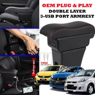 Perodua Myvi Car Arm Rest Double Layer Compartment Organizer Armrest 3 USB Port Console Box Storage