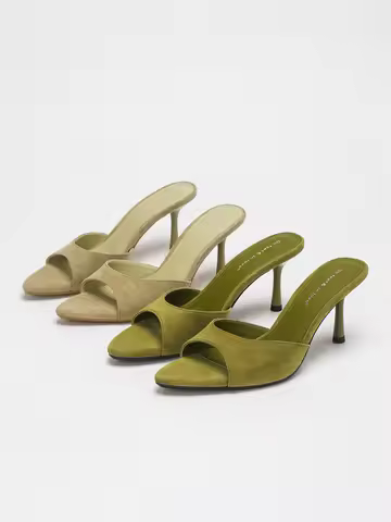 Women's Suede Pointed Toe Stiletto Heel Mules Slippers, Elegant Slip On Open Back Heeled Sandals, Ol