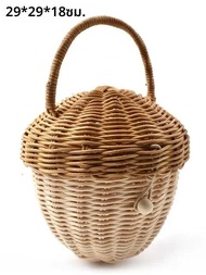 ทอปราสาทเห็ดหวาย Handmade ตะกร้าวันหยุดตะกร้าปิกนิก Props ชายหาดฟางกระเป๋าเด็ก Acorns กระเป๋าถือทอ T