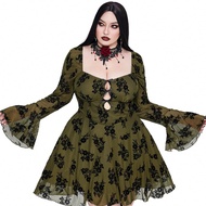 Goth Punk Plus Size Velvet Burnout Lace Butterfly Sleeve A-Line Short Dress Goth Women Outfit