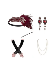 1920年代水晶珠鏈發帶羽毛髮飾多彩鑽石耳環象牙珍珠項鍊復古黑色香煙支架手套派對套裝女士用