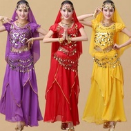 Women indian Belly Dance Performance Clothing golden sequins Cropped short sleeve Tops Skirts Set