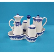 (5/Set) BYT Blue and White Porcelain Salt Pepper Shaker Soy Sauce Vinegar Condiment Jars Seasoning Set.