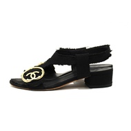 Chanel Black Interlocking CC Logo Canvas Slingback Sandals size 37