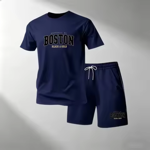Men's Fashion Street 2 Piece Set O-Neck Short Sleeve T-Shirt + Sport Shorts Quick Dry Gym Running Su