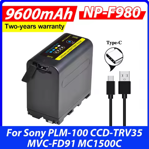 9600mAh USB Output NP-F980 NP-F970 NP-F960 Battery Batmax Bulit-in Type C Port for Sony PLM-100 CCD-