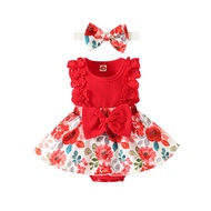 2Pcs Baby Girls Patchwork Jumpsuit Flower Print Lace Sleeveless Round Bowknot Romper + Headband Clot