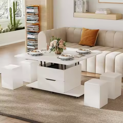White Lift Top Coffee Table with Hidden Storage, 3 in 1 Multi-Function Modern Folding Center Table w