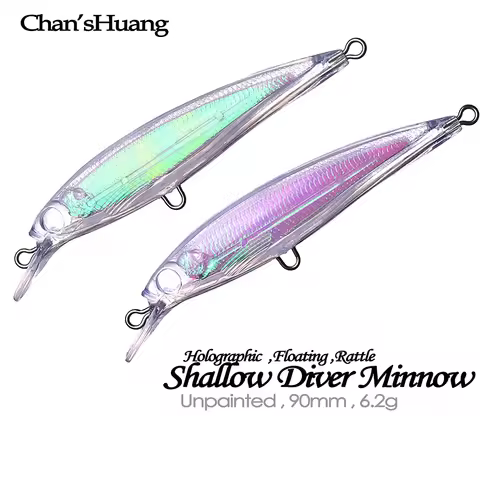 Chan’sHuang 20PCS Unpainted Blank Bait Shallow Diver Holographic Rattle Minnow 9cm 6.2g DIY Handmade