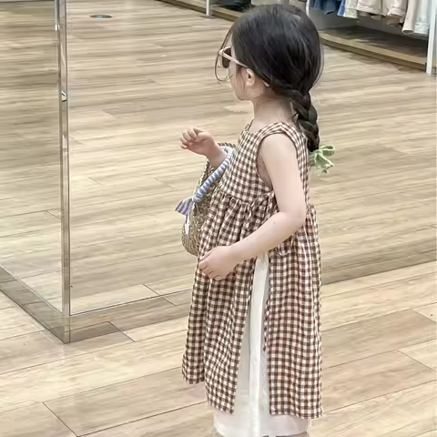 Girl Dress 2024 Kids Summer New Girls Sensen Lace-up Plaid Tank Top Halter Skirt Baby Girl Fashion K
