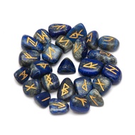 Lapis Lazuli Runes Stone Set with Velvet Pouch, Elder Futhark Viking Engraved Divination Runic Alpha