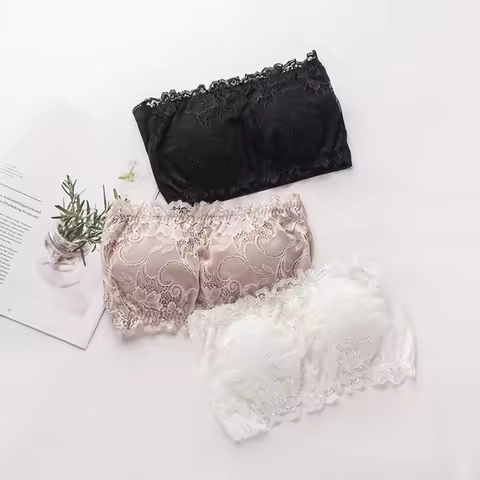 1pc 100% Mulberry Silk Lace Bandeau Strapless Bra Bralette Tube Top Removable Pads SS422