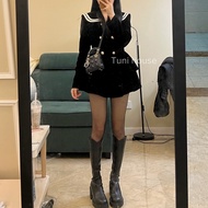 Velvet sailor dress with flared shape for short legs