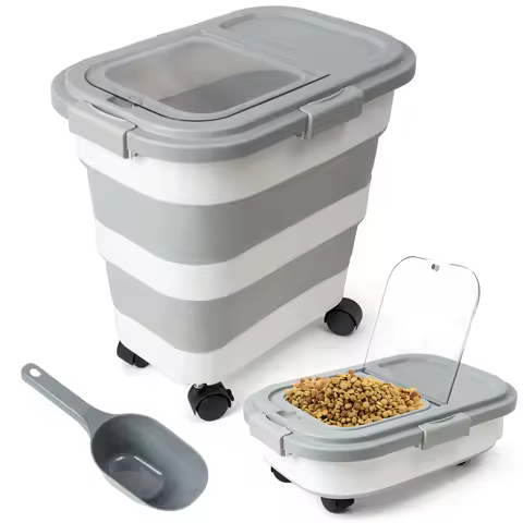 1PCS Pet Food Storage Container Collapsible Dog Food Container with Spinner Wheels Scoop Drying Box