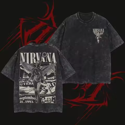 Nirvana band Men's Washed T-Shirt 100% Cotton 2026 summer punk street pattern unisex vintage fashion
