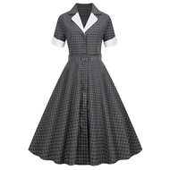 Summer Plaid Dress Short Sleeved V-neck Retro 50S Dress