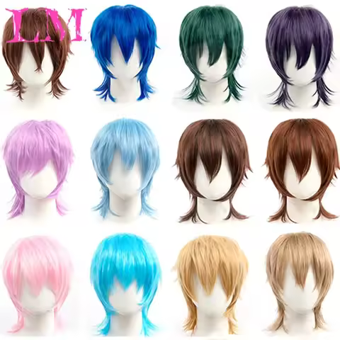 LM Synthetic Short Wigs Wolf cut with Bangs Choppy Cosplay Party Wig for men women Pink Red Blue Pur