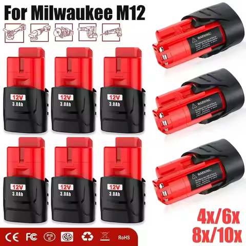 For 12V Milwaukee Battery 3Ah Compatible with Milwaukee M12 XC 48-11-2410 48-11-2420 48-11-2411 12-V
