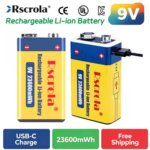 Rechargeable 9V Battery, 23600mWh Large Capacity 9 Volt Li-Ion Batteries Charge with Type-C Cable, f