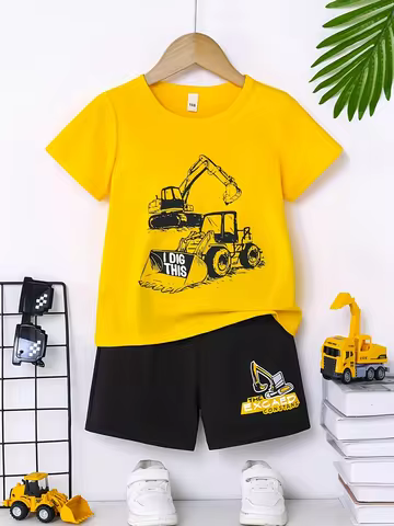 Bright Yellow Excavator Print Set - Black-Yellow Contrast Shorts Boys’ Machinery Fan Vitality Summer