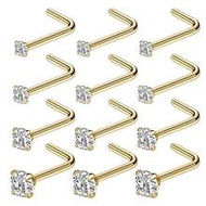 12pcs/4pcs 20G L-Shaped Gold Nose Ring/Nose Stud, Cubic Zirconia Inlaid, 316L Medical Grade Stainles