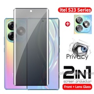 2in1 3D Curved Privacy Tempered Glass For itel S23 Plus 2023 Screen Protector Full Cover Camera Lens
