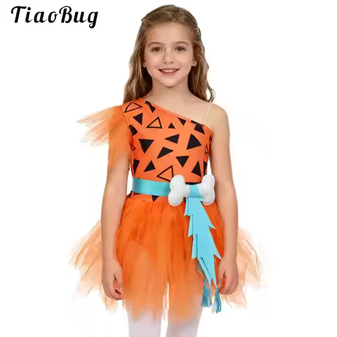 Halloween Cavegirl Caveman Costumes for Girls 3D Bone Mesh Tutu Leotard Dress Flintstone Hominid Gym
