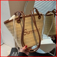 B4 Large capacity shoulder bag drawstring woven letter handbag travel vacation beach bucket bag 4B