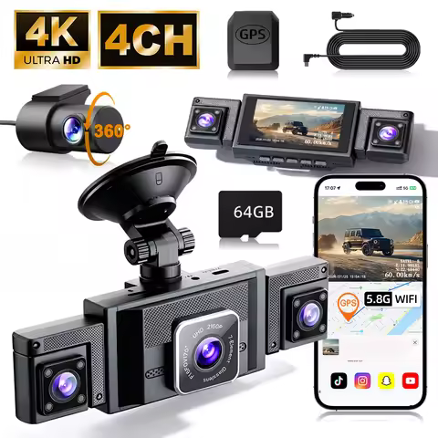 4-Channel 360° Panoramic Dash Cam 4K Front+1080P Rear/Left/Right, GPS WiFi, Night Vision, G-Sensor, 