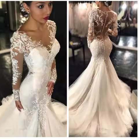 Luxury Lace Mermaid Wedding Dresses Dubai African Arabic V-neck See Through Long Sleeves Appliques B