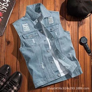 Retro Denim Vest for Men Loose Csual High Street Fashion Label Sleeveless Denim Jackets