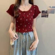 French Vintage Style Lace Edge Floral Short-Sleeved T-shirt for Women 2024 Summer New Cute Youth-Looking Top Korean Fashion
