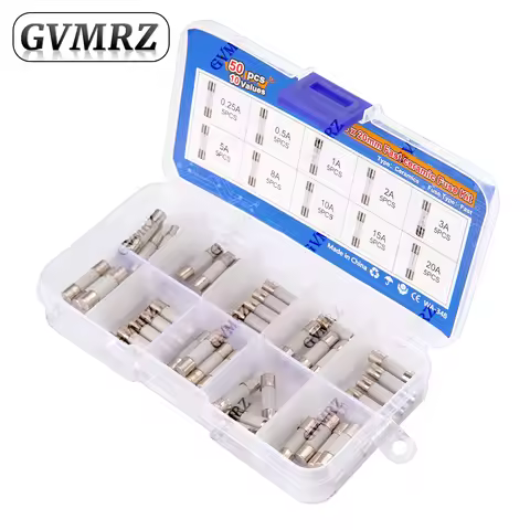 50pcs 5x20mm Ceramic Tube Fuse Assorted Kit Amp 0.25A 0.5A 1A 2A 3A 5A 8A 10A 15A 20A 250V with Stor