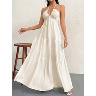 Ready Stock Foreign Trade 1688 Alibaba Women's Romantic Beach Vacation Halter V-Neck White Pleated A