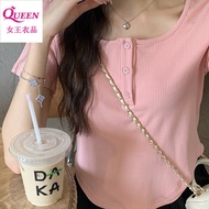 螺紋 紐扣 上衣潮 上衣女韓版 ins 潮 短款T恤女2025夏季新款韩版显瘦内搭学生修身学生螺纹纽扣上衣潮 Short T-Shirt Women 2025 Summer New Style Kor