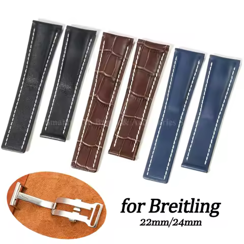 22mm 24mm Genuine Leather Watch Strap for Breitling Replacement Bracelet Black Brown Cowhide Wrist B