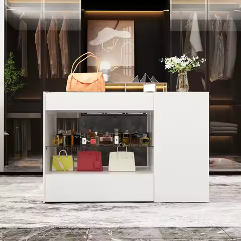 FUFU&GAGA Modern Bedroom Dresser with Glass Top, Closet Island with 8 Drawers & Open Shelves for Din